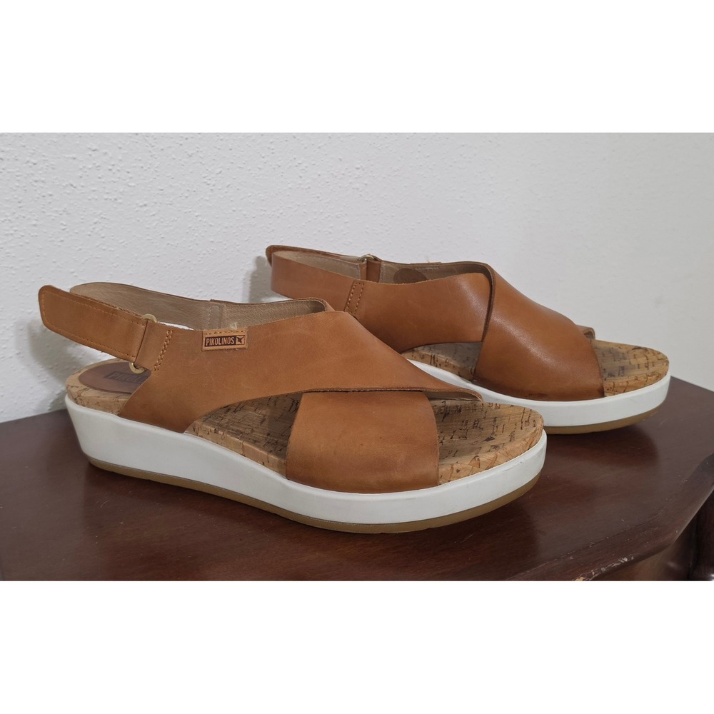 Pikolinos Mahon W9E-0912 Brandy Leather Platform Wedge Sandals Womens 8 EU 40